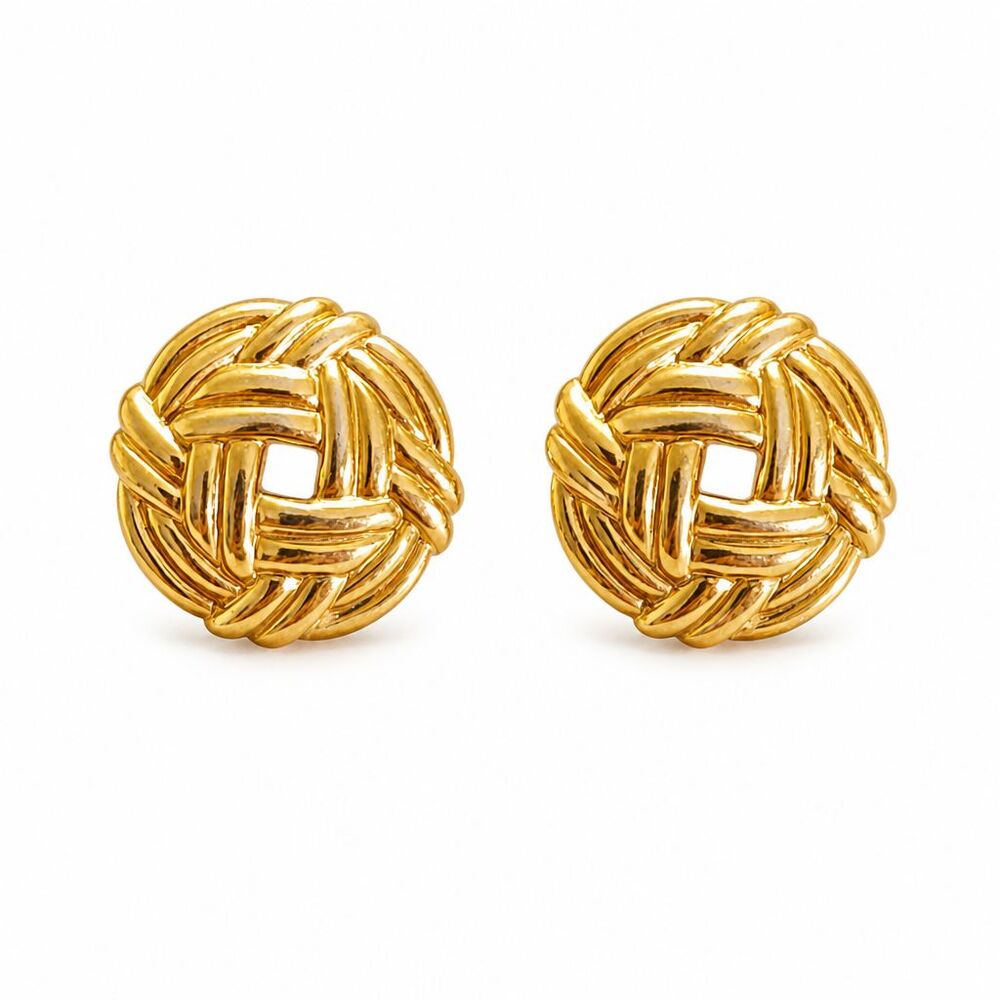 VTG Style Gold Tone Metal Woven Basket Knot Stud Drop Earrings Round Circle